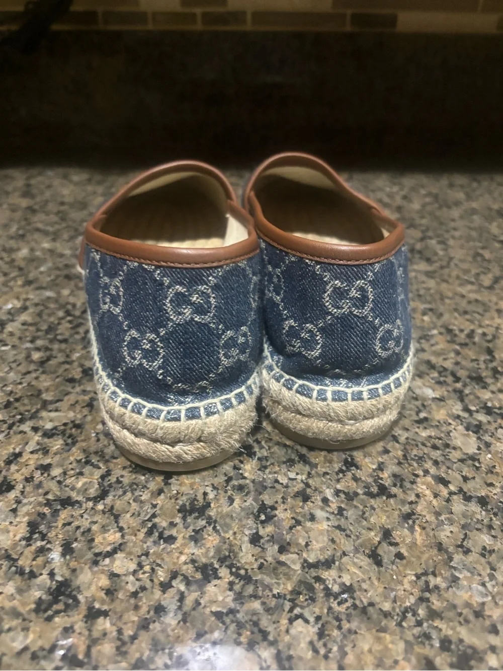 Gucci Denim Logo Espadrilles with Brown leather Trim